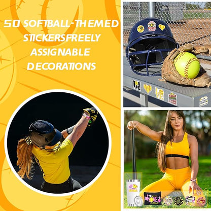 6 Pcs Softball Gifts Set Including 20oz Softball Tumbler cup Softball Bracelet Softball Makeup Bags Softball Stickers Hair Ties Sport Hair Scrunchie for Softball Lovers