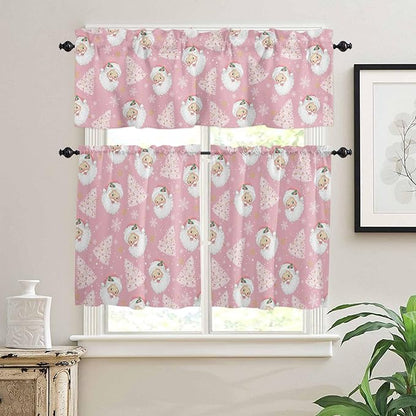 Pink Christmas Kitchen Curtains and Valances Set, Santa Claus Merry Christmas Tree Windows Treatments Tiers Half/Short Curtains for Small Windows Cafe/Living Room/Bedroom 54x24 in Winter Snowflake