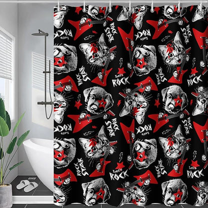 AILONEN Kitten and Puppy Shower Curtain,Rock Kitten Puppy Bath Curtains for Kids Boys Girls,Animal Polyester Waterproof with 12 Plastic Hooks 72" W*96" H