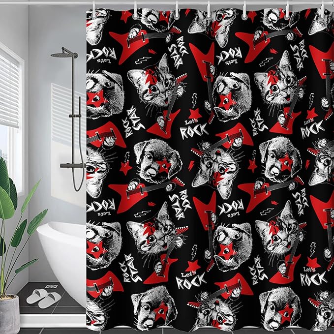 AILONEN Kitten and Puppy Shower Curtain,Rock Kitten Puppy Bath Curtains for Kids Boys Girls,Animal Polyester Waterproof with 12 Plastic Hooks 60" W*72" H