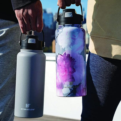Hydraflow Hybrid - Triple Wall Vacuum Insulated Water Bottle with Flip Straw (17oz, Powder White) Stainless Steel Metal Thermos, Reusable Leak Proof BPA-FREE for Sports and Travel