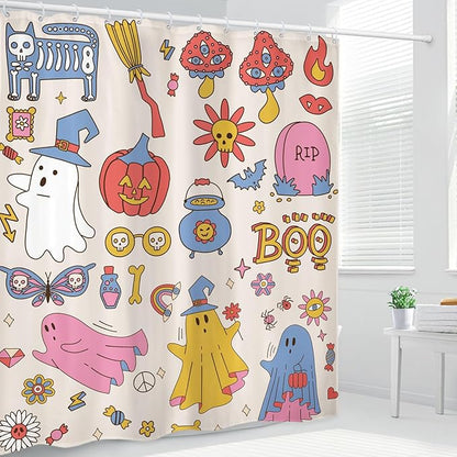 70s 60s Halloween Cute Shower Curtain 60Wx72L Inch Groovy Funky Hippie Kids Retro Child Ghost Pumpkin Mushroom Scary Bathroom Set Accessories Decor Polyester Waterproof with 12 Pack Hooks