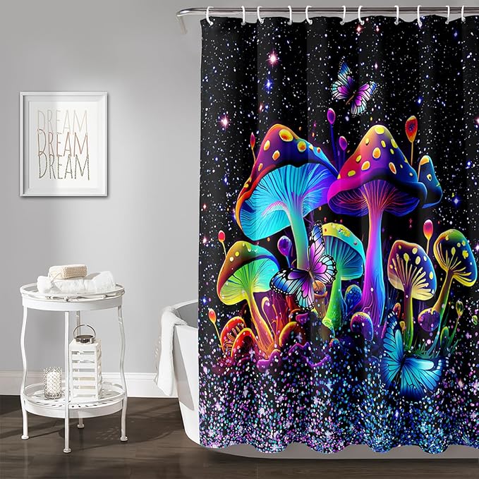 AILONEN Mushroom Shower Curtain for Boys Girls, Cartoon Mushroom Bath Curtain 72" W*84" H Colorful Sky Starry Bathroom Curtain Polyester Waterproof Plant Fungus Bathroom Curtain with 12 Hooks