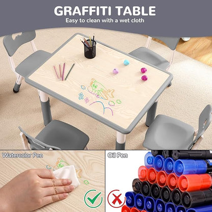 Kids Table and Chairs Set, Height Adjustable Desk With 4 Seats for Ages 2-10,Arts & Crafts Table,Graffiti Desktop, Non-Slip Legs, Max 300lbs, Children Multi-Activity Table for Classrooms,Daycares,Home