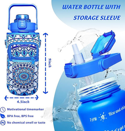 64 oz Water Bottle with Straw Sleeve & Strap Motivational Half Gallon Water Jug with Handle for Gym Women Men Aesthetic Water Bottle with Strap Datura