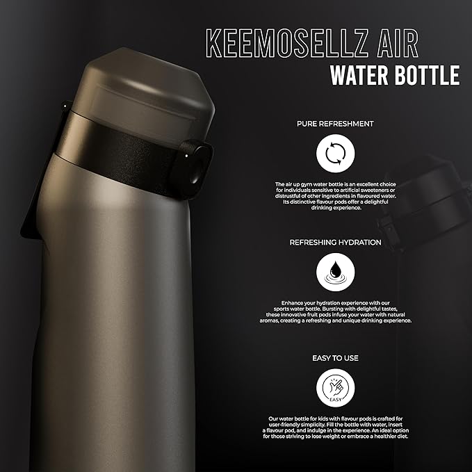 KeemoSellz Air Water Bottle, Fruit Flavoured Water Bottle with 3 Flavour Pods – BPA Free, 0 Sugar 0 Calorie for Kids, Gym And Outdoor Activities (Black)