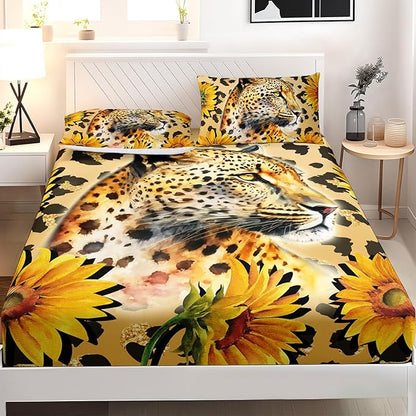 AILONEN Leopard Fitted Sheet Set for Boys, 3 Pieces Full Yellow Sunflower and Animal Cheetah Leopard Printed Fitted Sheet Set for Kids Adults,1 Fitted Sheet with 2 Pillowcases