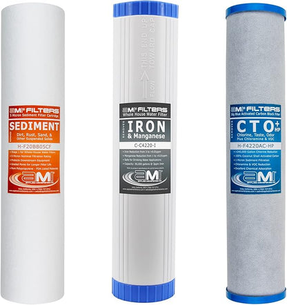 APPLIED MEMBRANES INC. Whole House Water Filter Replacement Filter Cartridge Set for Iron Reduction | 3 Stage 4.5” x 20” Sediment, Carbon, & Iron Filters | Fits 20-inch Big Blue Housings