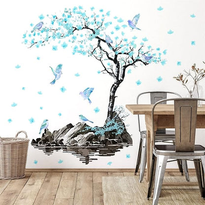 Large Flower Tree Wall Decals Blue Blossom Floral Wall Stickers Peel and Stick Wall Art Mural for Girls Bedroom Living Room Watercolor Bird Tree Branch Wall Stickers for Kitchen TV Background Decor