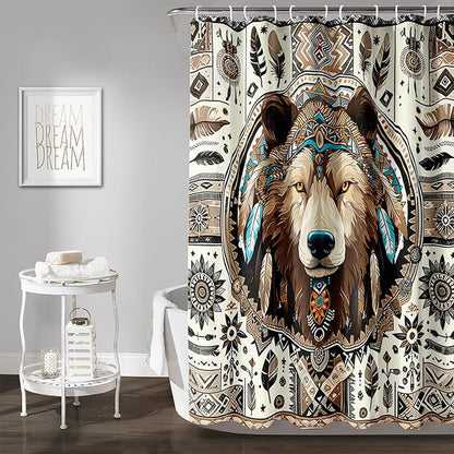 AILONEN Dreamcatcher Wolf Shower Curtain for Bathroom Decor,Retro Boho Wolf Bath Curtain for Kids Boys Girls,Print Polyester Waterproof with 12 Plastic Hooks 72" W*78" H