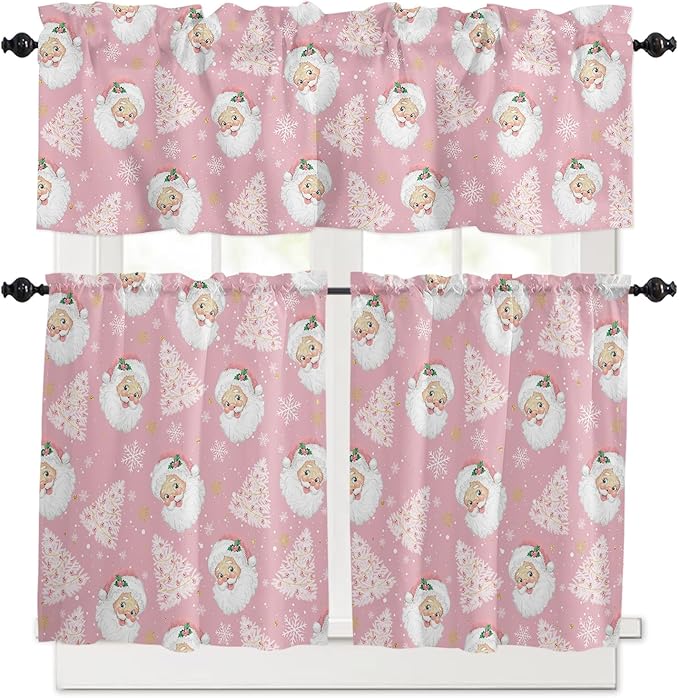 Pink Christmas Kitchen Curtains and Valances Set, Santa Claus Merry Christmas Tree Windows Treatments Tiers Half/Short Curtains for Small Windows Cafe/Living Room/Bedroom 54x36 in Winter Snowflake