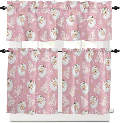Pink Christmas Kitchen Curtains and Valances Set, Santa Claus Merry Christmas Tree Windows Treatments Tiers Half/Short Curtains for Small Windows Cafe/Living Room/Bedroom 54x36 in Winter Snowflake