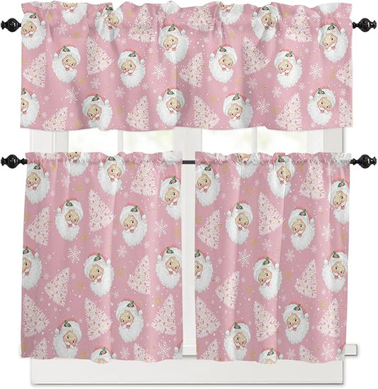 Pink Christmas Kitchen Curtains and Valances Set, Santa Claus Merry Christmas Tree Windows Treatments Tiers Half/Short Curtains for Small Windows Cafe/Living Room/Bedroom 54x36 in Winter Snowflake