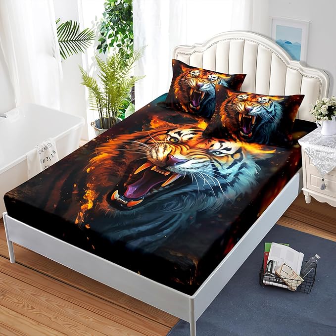 AILONEN Tiger Fitted Sheet Set Queen Size for Boys, Safari Tiger Bed Sheet Set for Kids Teen,3 Pieces Wildlife Bedding Flame Animal Tiger Print Fitted Sheet with 2 Pillowcases