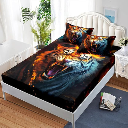 AILONEN Tiger Fitted Sheet Set Full Size for Boys, Safari Tiger Bed Sheet Set for Kids Teen,3 Pieces Wildlife Bedding Flame Animal Tiger Print Fitted Sheet with 2 Pillowcases