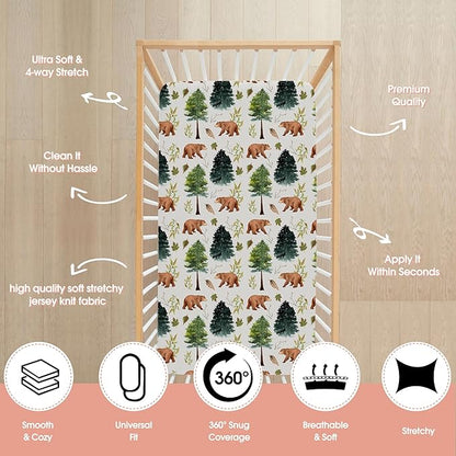 ACRABROS Crib Sheets for Girl Boy: Stretchy Baby Fitted Crib Mattress Sheets Sets 2 Pack Standard Size Ultra Soft Neutral, Bears &Forest