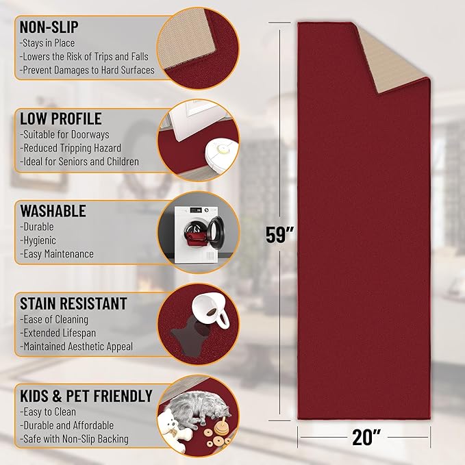 Machine Washable Modern Solid Design Non-Slip Rubberback 2x5 Traditional Runner Rug for Hallway, Kitchen, Bedroom, Entryway, 20" x 59", Red