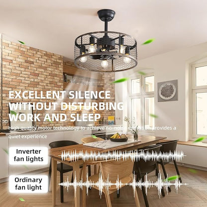 20" Caged Ceiling Fans with Lights and Remote & APP Control,E26 2700K Warm Lighting,6 Wind Speeds with Reverse Mode.Retro Chandeliers for Dining Room with Fan (Black)