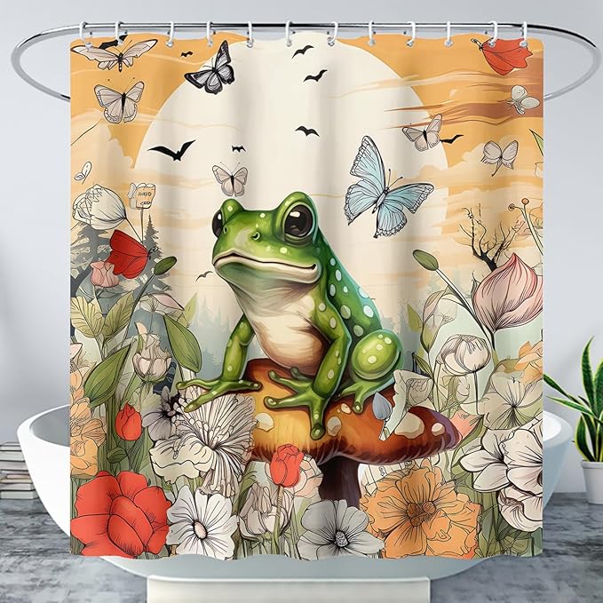 AILONEN Cartoon Frog Waterproof Shower Curtain,Nature Plant Fungus Flower Frog Bath Curtain,Fantasy Sunset Abstract Yellow Bathroom Curtain Decor 72" W x 84" H