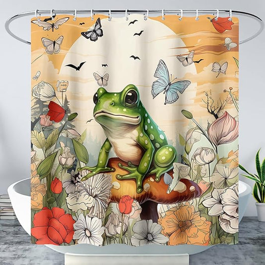 AILONEN Cartoon Frog Waterproof Shower Curtain,Nature Plant Fungus Flower Frog Bath Curtain,Fantasy Sunset Abstract Yellow Bathroom Curtain Decor 72" W x 84" H