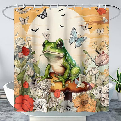 AILONEN Cartoon Frog Waterproof Shower Curtain,Nature Plant Fungus Flower Frog Bath Curtain,Fantasy Sunset Abstract Yellow Bathroom Curtain Decor 72" W x 78" H