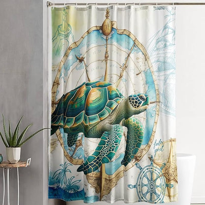 AILONEN 3D Sea Turtle Shower Curtain,Green Sea Turtle Shower Curtain for Bathroom,Nautical Anchor Waterproof Fabric Shower Curtain Set with Hooks,72" W*96" H