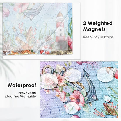 Anchor Beach Nautical No Hook Shower Curtain with Snap in Liner, Mermaid Pink Floral Coral Bath Curtain with Double Layers Waterproof Fabric and Mesh Top Window 71x74 Inch