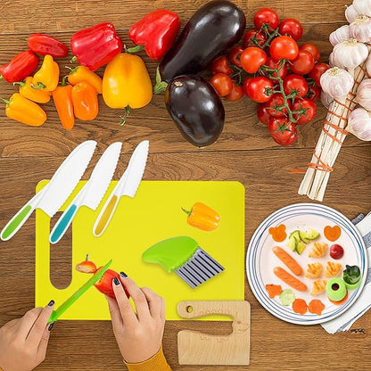 17PCS Wooden Kids Kitchen Knife,4PCS Plastic Serrated Edge Toddler Knife,Nylon Kids knife Set With Kids Apron Gloves Cutting Board Potato Slicers and Peeler DIY Mold,Kids Kitchen Tool for Real Cooking