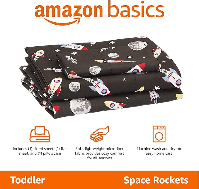 Amazon Basics Kid's Soft Easy-Wash Lightweight Microfiber 3-Piece Sheet Set, Toddler, Multi Colour, Space Rockets