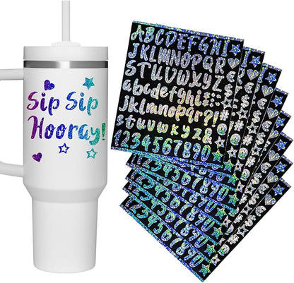 Vinyl Letter Stickers for Stanley Cups, 8 Packs Shiny Personalized Letters Tags Self Adhesive Waterproof Cute Alphabet Number Sticker for Kids Teens Adults Water Bottle Laptop Luggage