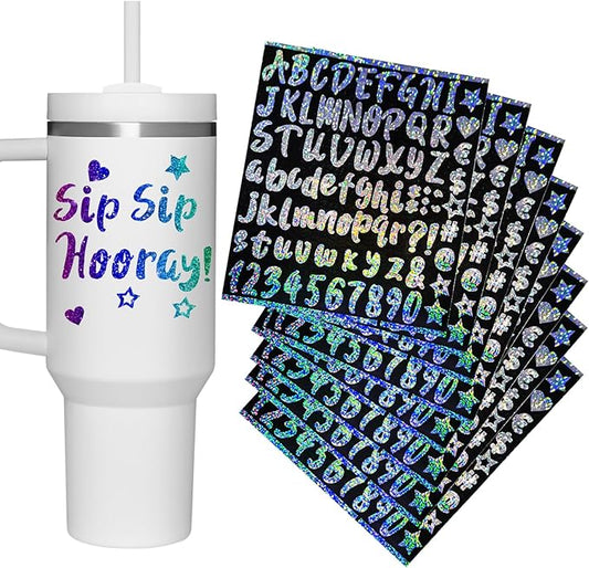 Vinyl Letter Stickers for Stanley Cups, 8 Packs Shiny Personalized Letters Tags Self Adhesive Waterproof Cute Alphabet Number Sticker for Kids Teens Adults Water Bottle Laptop Luggage