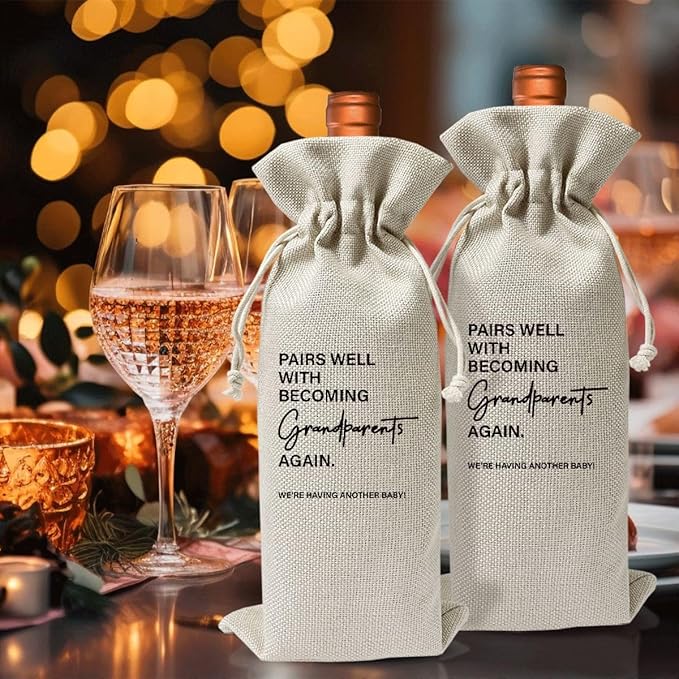 Grandparents Gifts Wine Bag, Bags Gift For New Grandpa Grandma Grandparents Aunt Uncle Baby Announcement Wine Gift, Baby Announcement Cotton Burlap Wine Bag