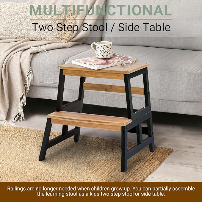 COSYLAND Kids Kitchen Step Stool, Toddler Standing Tower with CPC & FSC Certification, Removable Anti-Drop Railing Safety Rail Enjoys Unique Patented Design A Anti-tip Stable Structure Natural & Black