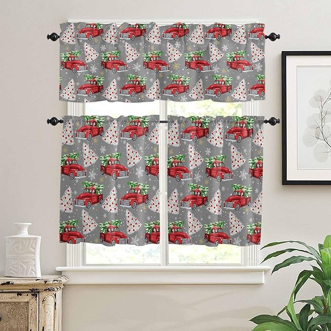 Red Truck Christmas Kitchen Curtains and Valances Set, Merry Christmas Tree Windows Treatments Tiers Half/Short Curtains for Small Windows Cafe /Living Room/ Bedroom 54x36 in Winter Snowflake Grey