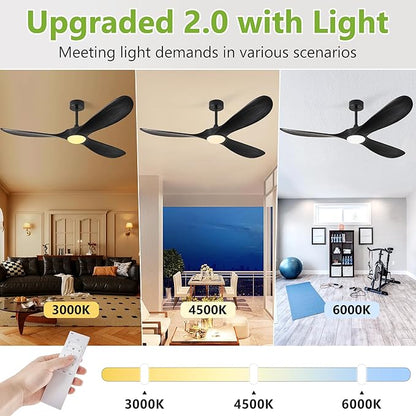 72 Inch Wood Ceiling Fans with Lights and Remote Control, Outdoor Ceiling Fan with Light Solid Wood Modern Black Large Ceiling Fans Propeller Indoor Patios Garage Bedroom High cfm, Matte Black