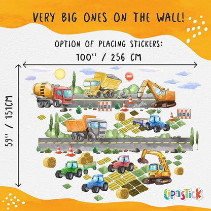 Large Car Wall Decals for Kids by Lipastick - 58 pcs Transports Wall Stickers Peel and Stick Truck Stickers – Construction Cars Wall Decals - Tractor Excavator City Nursery Playroom Wall Décor L Size