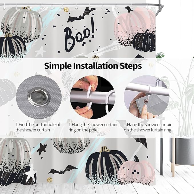 Abstract Halloween Pumpkin Shower Curtain 60"X72" Pink Grey Shower Curtain Set for Bathroom Spooky Bat Cute Cartoon Waterproof Bathtub Curtain Decor Kids Girls Fall Bathroom Curtain with Hooks