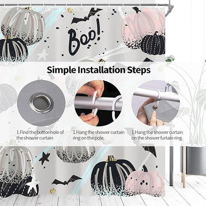 Abstract Halloween Pumpkin Shower Curtain 60"X72" Pink Grey Shower Curtain Set for Bathroom Spooky Bat Cute Cartoon Waterproof Bathtub Curtain Decor Kids Girls Fall Bathroom Curtain with Hooks