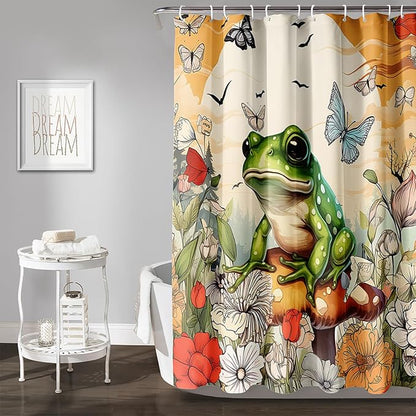 AILONEN Cartoon Frog Waterproof Shower Curtain,Nature Plant Fungus Flower Frog Bath Curtain,Fantasy Sunset Abstract Yellow Bathroom Curtain Decor 60" W x 72" H