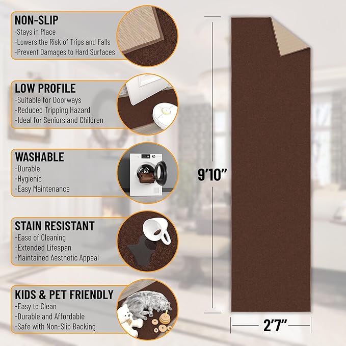 Machine Washable Modern Solid Design Non-Slip Rubberback 3x10 Traditional Runner Rug for Hallway, Kitchen, Bedroom, Living Room, 2'7" x 9'10", Brown