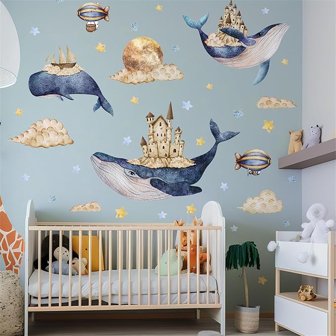 Removable Vinyl Whale Wall Decal Sea Life Wall Sticker Decor Nursery Kidsroom School Classroom Livingroom Bedroom Bathroom Coastal Ocean Fish Murals Decals