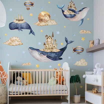 Removable Vinyl Whale Wall Decal Sea Life Wall Sticker Decor Nursery Kidsroom School Classroom Livingroom Bedroom Bathroom Coastal Ocean Fish Murals Decals