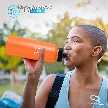 40oz Orange Water Bottle Stainless Steel - With Handle Straw Lid, Coffee Thermos, Chug Water Bottle - Double Walled Stainless Metal Water Bottle - Gym, Outdoor, Office – Leak Proof