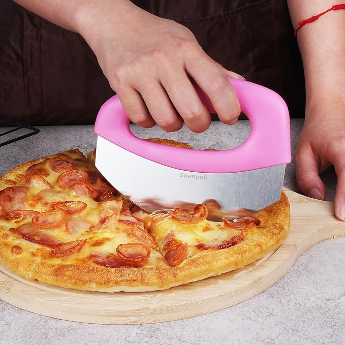 Premium Pizza Cutter Food Chopper-Super Sharp Blade Stainless Steel Pizza Cutter Rocker Slicer with Protective Sheath Multi Function Pizza Knife Kitchen Tools,Dishwasher Safe (Pink)