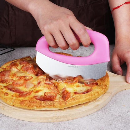 Premium Pizza Cutter Food Chopper-Super Sharp Blade Stainless Steel Pizza Cutter Rocker Slicer with Protective Sheath Multi Function Pizza Knife Kitchen Tools,Dishwasher Safe (Pink)