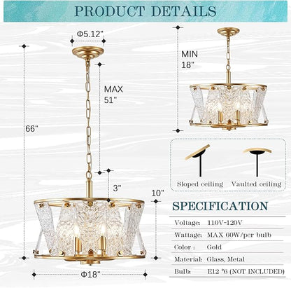 Modern Gold Round Chandelier 6 Light Drum Glass Chandelier Light Fixture18in Hammered Glass Chandelier for Dining Room Kitchen Entryway Bedroom Breakfast Nook