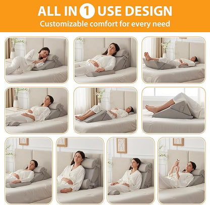 4PCS Orthopedic Bed Wedge Pillow Set for Sleeping, Wedge Pillow for Back Pain Relief, 10-in-1 Adjustable Bed Wedge Pillow Post Surgery, Triangle Pillow for Acid Reflux Snoring Gerd, Grey