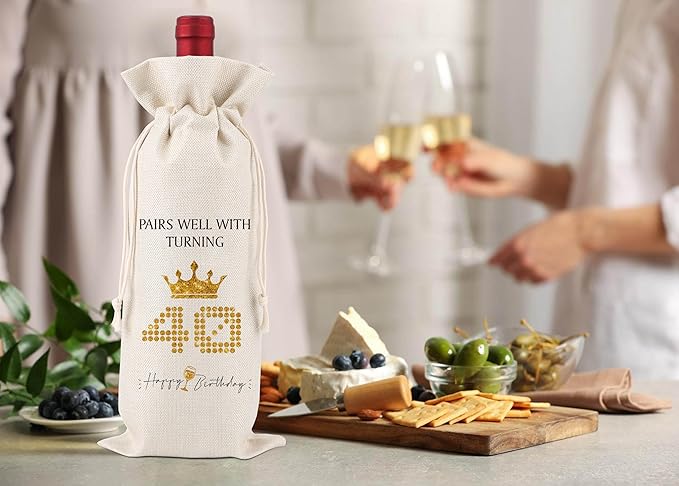40th Birthday Gifts for Women Men,40th Gifts,40th Birthday Decorations,Pairs Well with Turning 40 Forty,Funny Birthday Wine Bags,1 Drawstring Gift Wine Bag,Q12