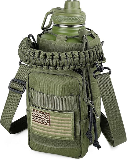 64 Oz Insulated Water Bottle with Sleeve (All Military Green) - Half Gallon Water Jug with Handle - Stainless Steel Sports Water Bottle for Gym Workout Hiking Tactical Bottle with Pouch