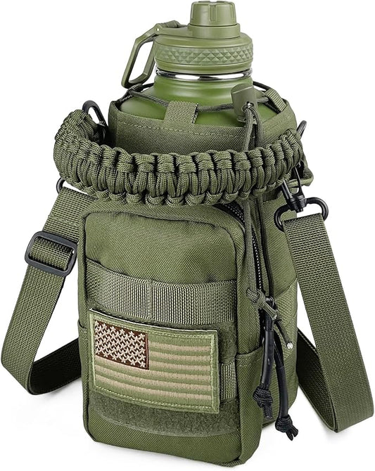 64 Oz Insulated Water Bottle with Sleeve (All Military Green) - Half Gallon Water Jug with Handle - Stainless Steel Sports Water Bottle for Gym Workout Hiking Tactical Bottle with Pouch